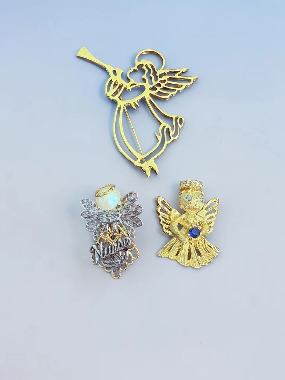 VTG 3pc Angel Brooch Lot Gold Trumpet Filigree Nurse Rhinestone Christmas Pins